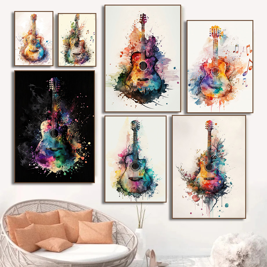 Picture Of Musical Instrument - 음악 악기 기타 수채화 아트 포스터